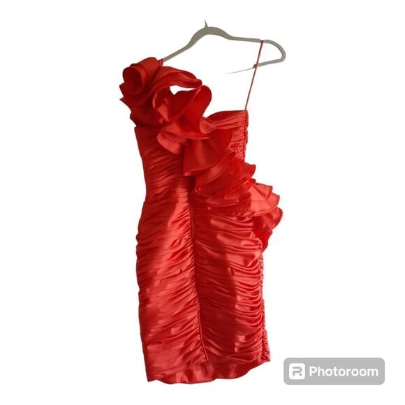 80s Julie Duroche After Six Ruched Ruffle Rosette One Shoulder Prom Dress - Picture 4 of 8